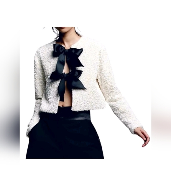 ❤️H&M White Bow Tie-Front Sequin Jacket Cardigan Top With Ribbon Viral New - Picture 2 of 6
